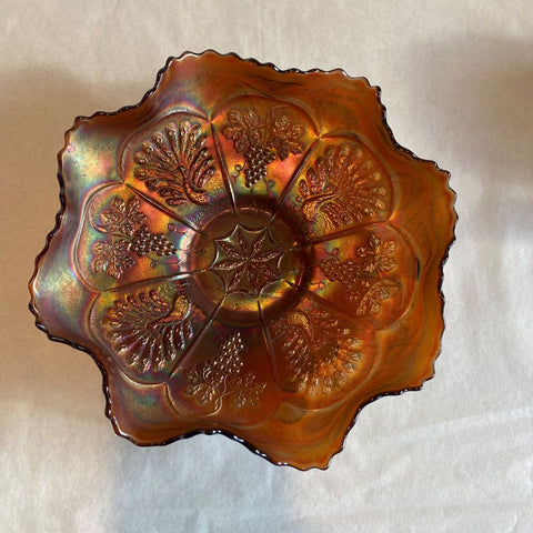 Carnival Glass Marigold Peacock & Grape Fluted Bowl