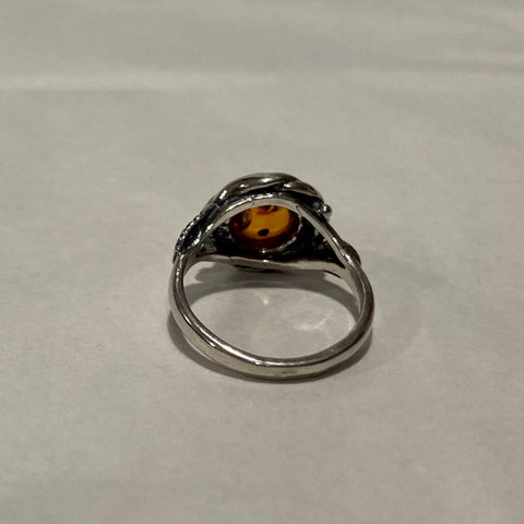 Sterling Silver Amber Ring with Ferns